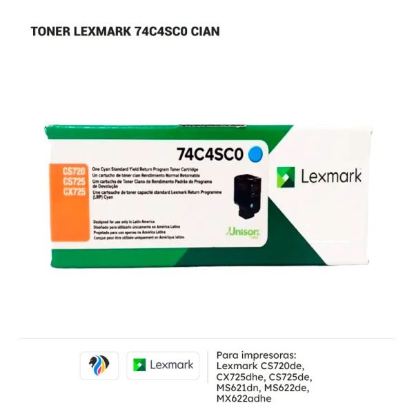Toner Lexmark 74C4SC0 Cian para impresora 720 725 621 622