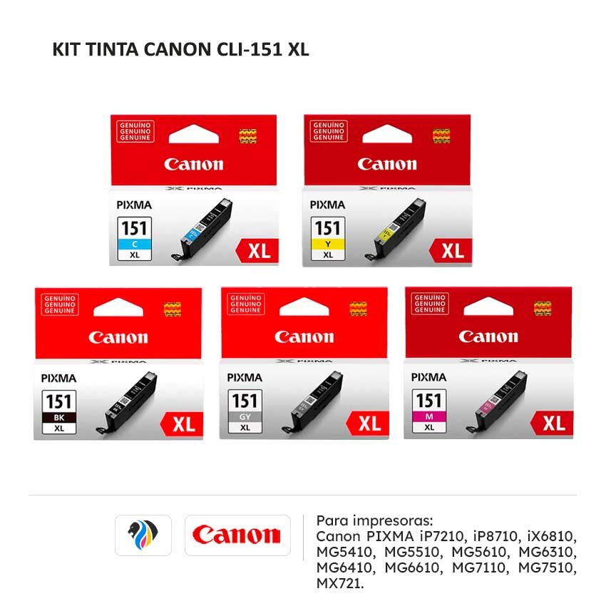 Kit Tinta Canon CLI-151 XL para impresora iP7210 iP8710 iX6810 MG5410 MG5510 MG5610 MG6310 MG6410 MG6610 MG7110 MG7510 MX721