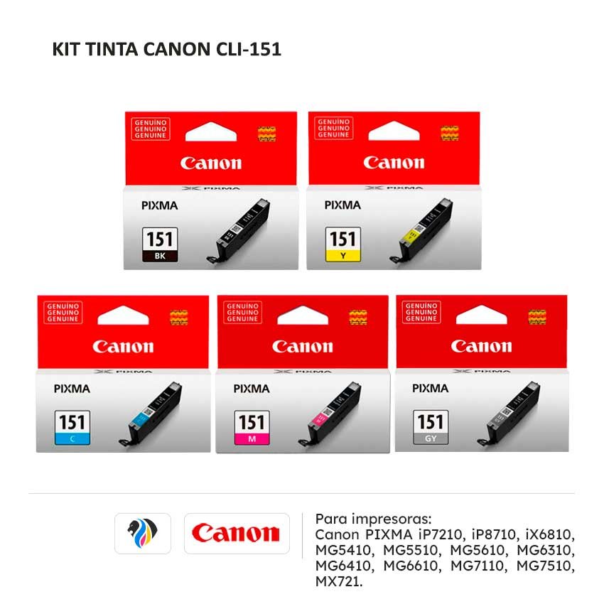 Kit Tinta Canon CLI-151 para impresora iP7210 iP8710 iX6810 MG5410 MG5510 MG5610 MG6310 MG6410 MG6610 MG7110 MG7510 MX721