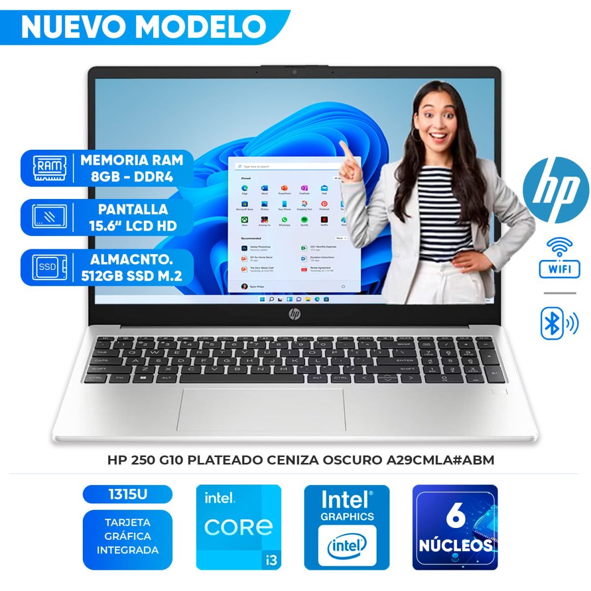 Laptop HP 250 G10, 15.6″ LCD LED HD, Core i3-1315U hasta 4.50GHz, 8GB DDR4-3200MHz