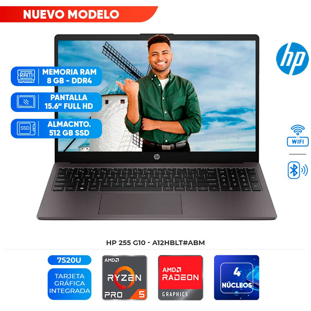 Laptop HP 255 G10, 15.6" LCD LED SVA HD, AMD Ryzen 5 7520U 2.8/4.3 GHz, 8GB LPDDR5-5500