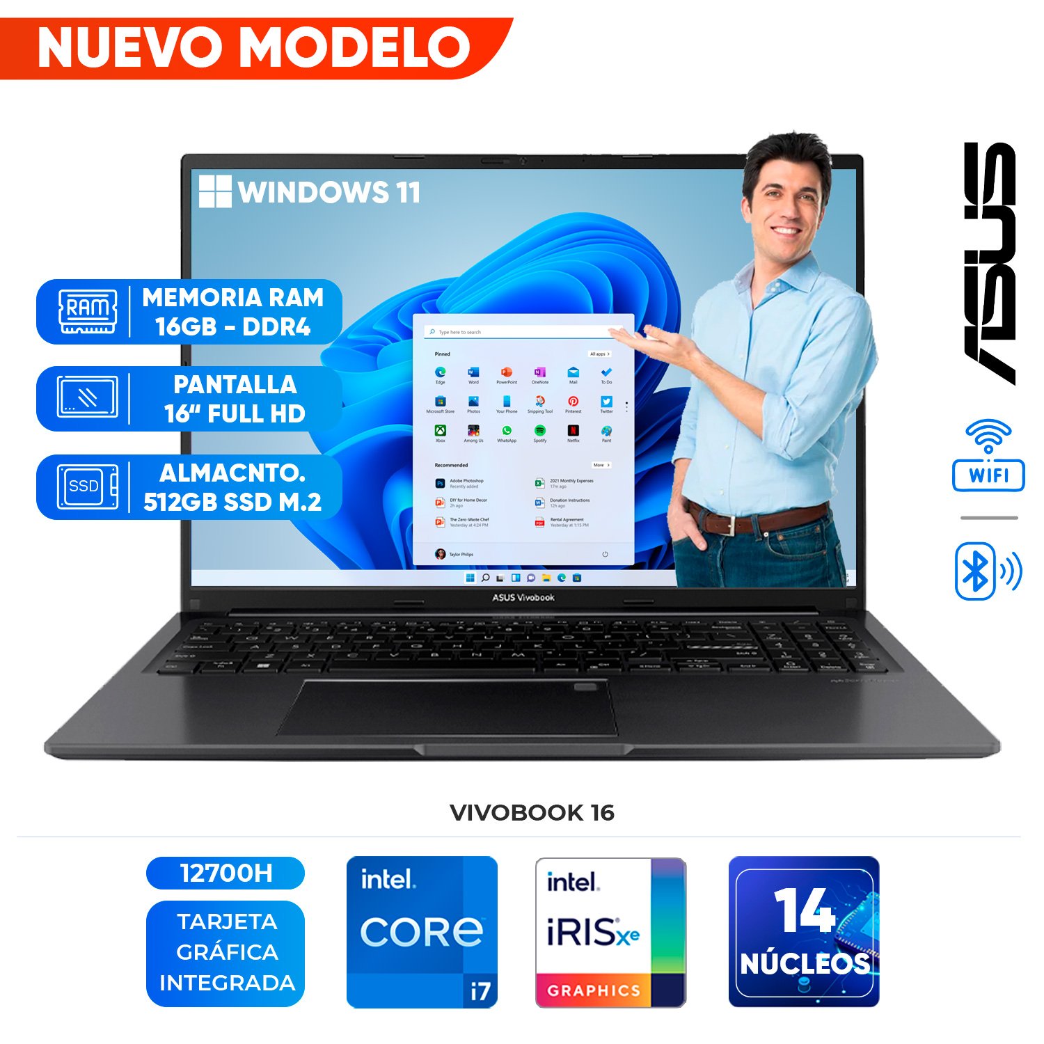 Laptop ASUS Vivobook 16, 16″ WUXGA IPS, Core i7 12700H 4.7 8GB DDR4