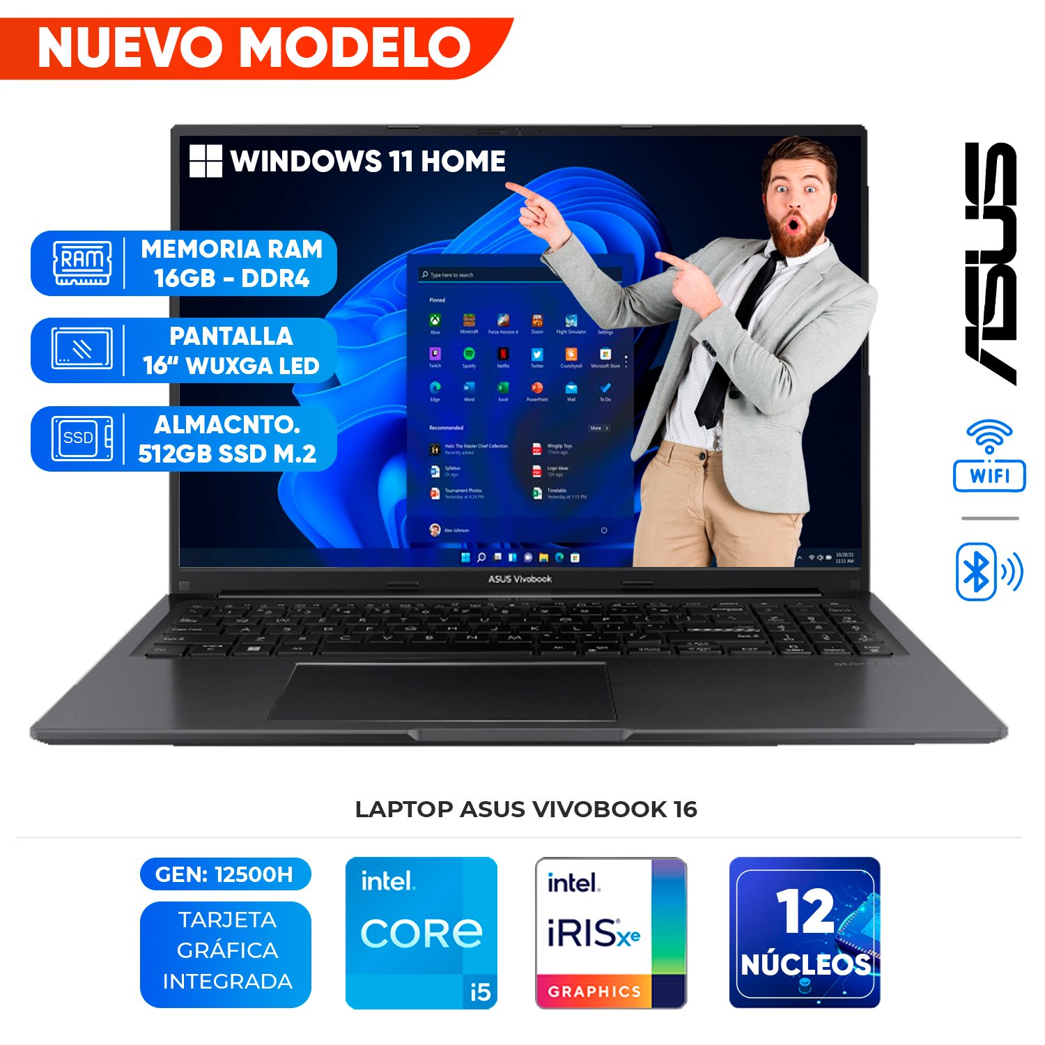 Laptop ASUS Vivobook 16 X1605ZA-MB302W, 16.0″ WUXGA LED IPS, Core i5-12500H hasta 4.50GHz, 16GB DDR4